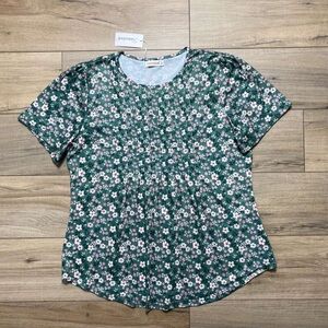 Fantaslook Womens Floral Print Pintuck Pleated Short Sleeve Shirt Size XL Green